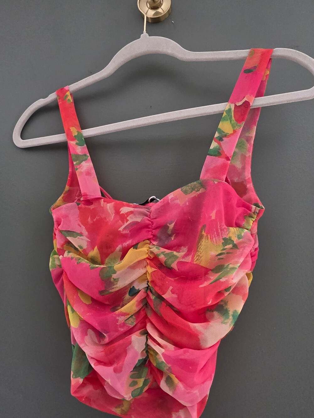 Zara Pink Multicolor Floral Mesh Sweetheart Neck Crop Corset Bustier Tank Top Si